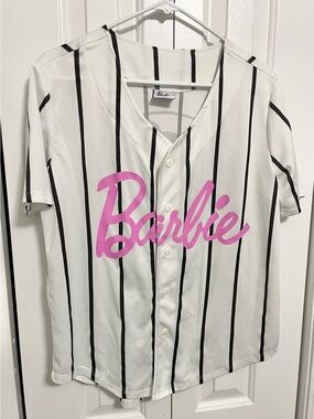 Mattel Barbie White Baseball-Style Button Front Top with Pink Script